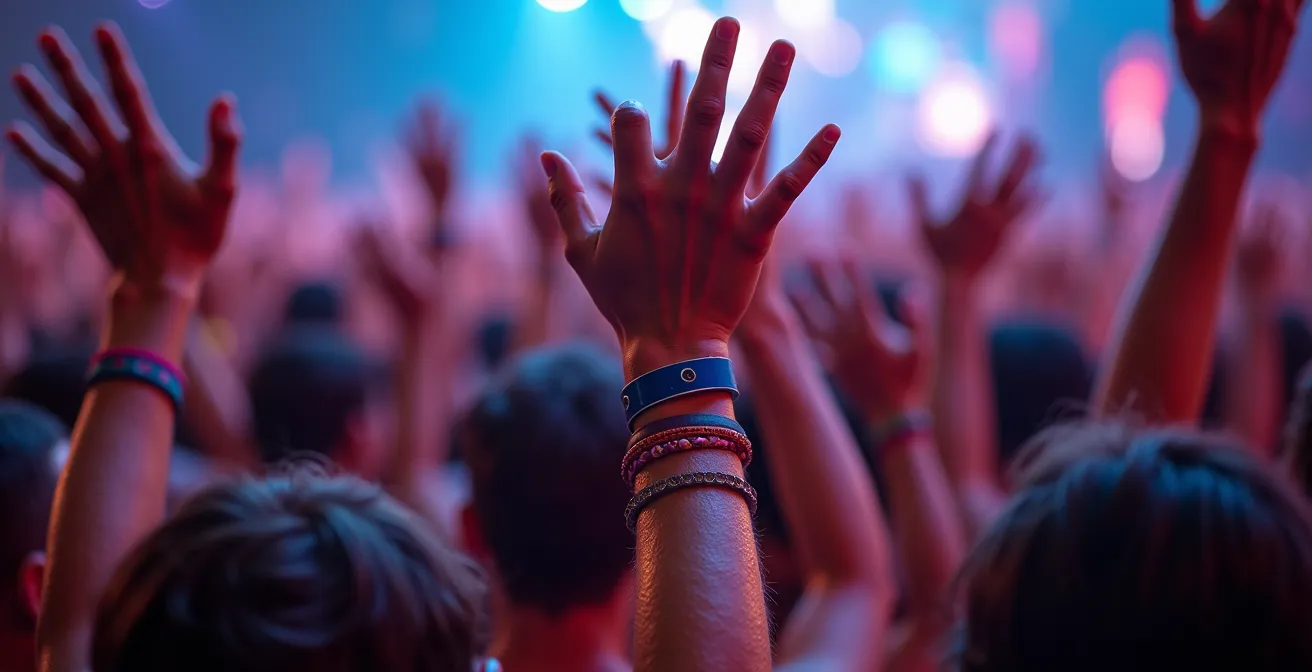 Makroaufnahme erhobener Hände in der Menge während des Peak-Moments, Laserstrahlen durchschneiden den Nebel