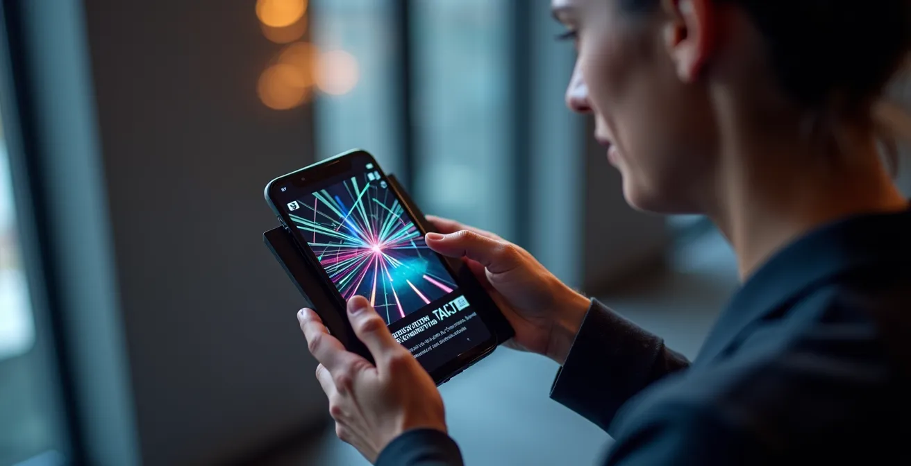 Smartphone zeigt AR-Lichteffekt-Vorschau über QR-Code vom Veranstaltungsflyer