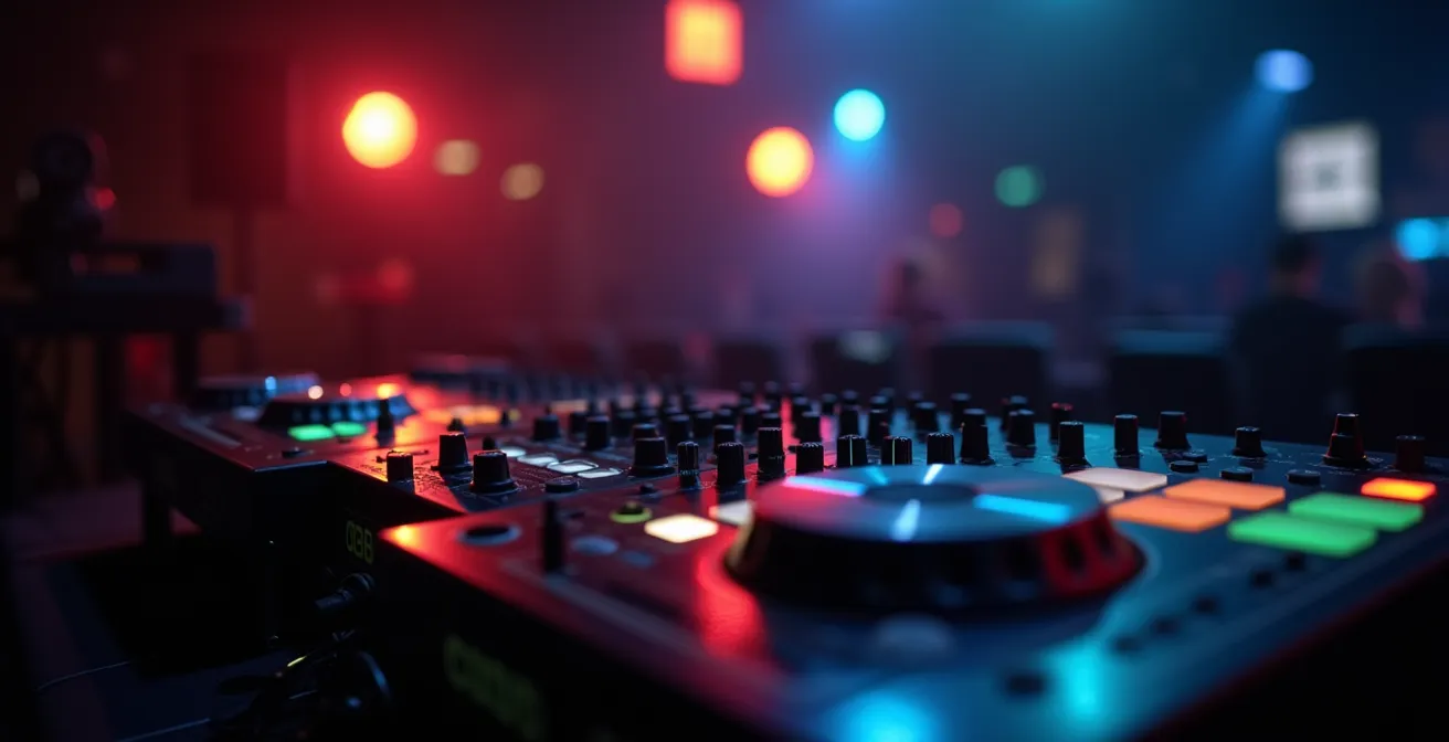 Drehregler eines Rotary-Mixers in warmem Clublicht