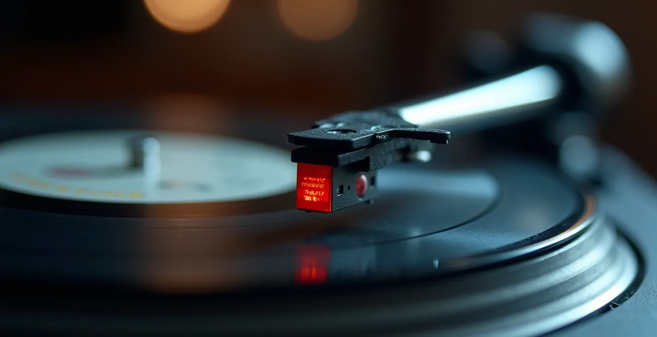 Nahaufnahme eines Tonarms über Timecode-Vinyl mit sichtbaren Rillen