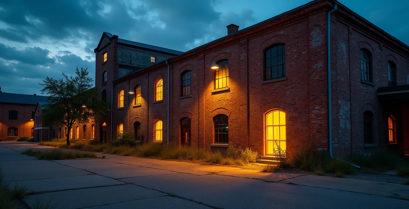 Eine umgenutzte Industriehalle bei Nacht, aus der warmes Licht scheint und die als temporärer Veranstaltungsort dient.