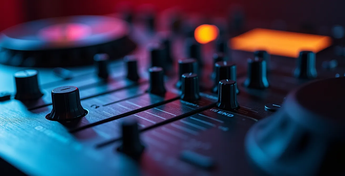 Makroaufnahme von Mixer-Fadern während eines Halftime-Übergangs