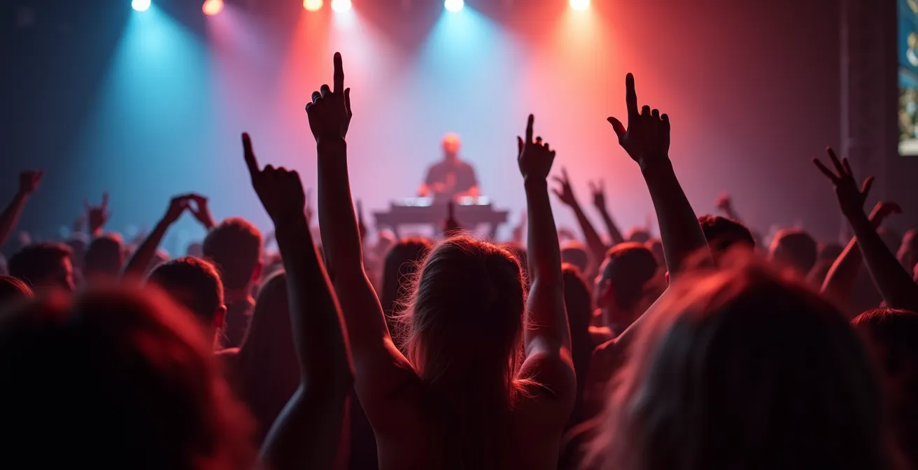 Weitwinkelaufnahme einer ekstatischen Tanzfläche im Moment der musikalischen Überraschung