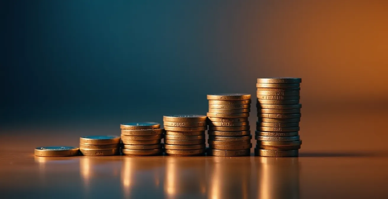 Detailaufnahme von Münzstapeln neben verschwommenen Musikproduktions-Interfaces, die eine finanzielle Entscheidung symbolisieren.