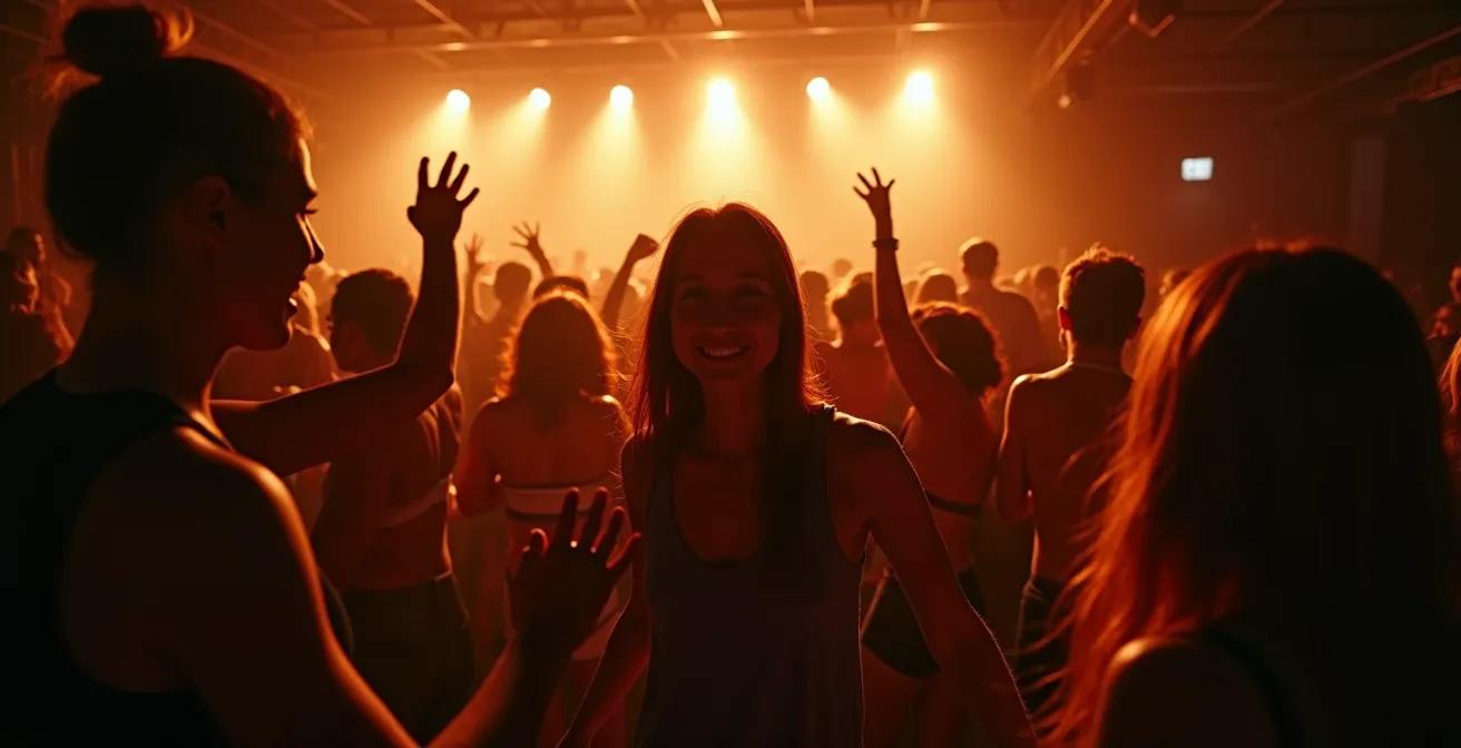 Diverse Menschenmenge tanzt gemeinsam auf einer Underground-Party in Berlin