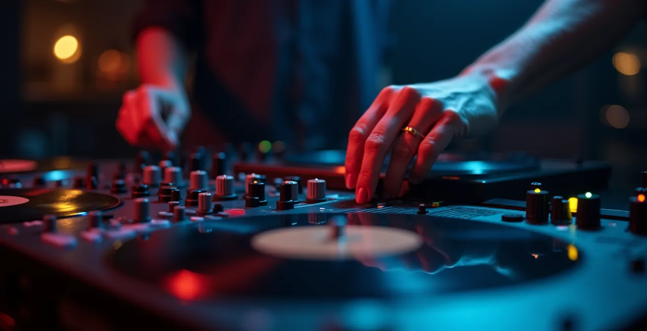 Vinyl-Sammlung mit farbcodierten Markierungen unter schwachem Clublicht