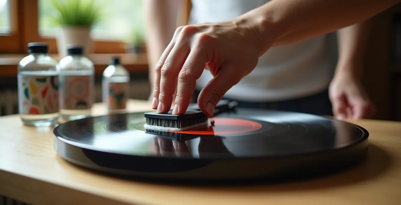 Professionelle Nassreinigung einer Vinylplatte mit spezieller Bürste und Reinigungslösung